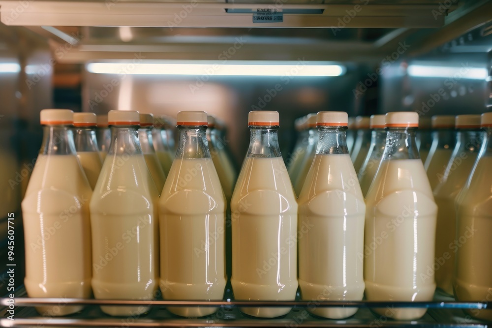 Poster a close-up view of a fully stocked refrigerator with numerous milk bottles on shelves
