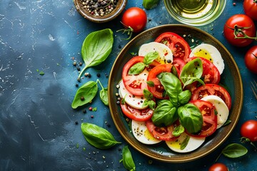 Caprese Salad Fresh Sliced Tomatoes and Mozzarella With Herbs on a Rustic Background