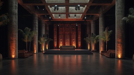 A luxurious industrial event space featuring a stage with ornate backlighting, palm plants, and plush seating, blending elegance with a modern, industrial aesthetic.