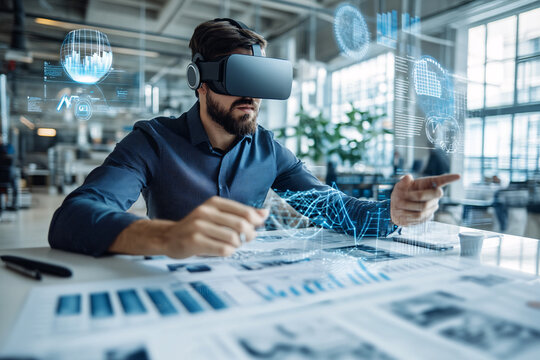 VR Businessman: Immersed in Data: A focused businessman wearing VR goggles interacts with holographic data visualizations in a modern office environment, showcasing the transformative power of virtual - Powered by Adobe