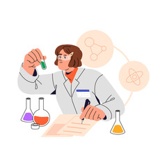 Chemist writes report of chemical experiment. Scientist does analysis in chemistry laboratory. Science researcher holds tube with liquid, takes notes. Flat isolated vector illustration on white