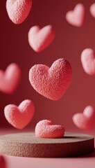 Obraz premium Fluffy Pink Hearts Floating Above Wooden Podium On Red Background. Valentines Day Concept