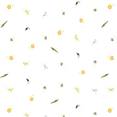 Seamless childish jungle pattern with cute lion, crocodile, giraffe, elephant, leopard, toucan. Perfect for fabric, textile, nursery posters. Vector illustrations
