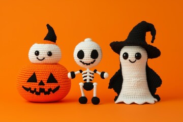 Obraz premium A playful Halloween-themed crochet display featuring a pumpkin, skeleton, and ghost.