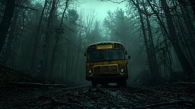 Abandoned School Bus in Foggy Forest