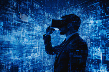 Navigating the Digital Matrix: A businessman in silhouette experiences the metaverse, surrounded by a luminous web of binary code and data streams. 