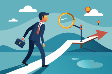 Finding career path or success route, analyze to make decision choices, discover opportunity way, directions or pathway to success concept, businessman analyze career path with magnifying glass.
