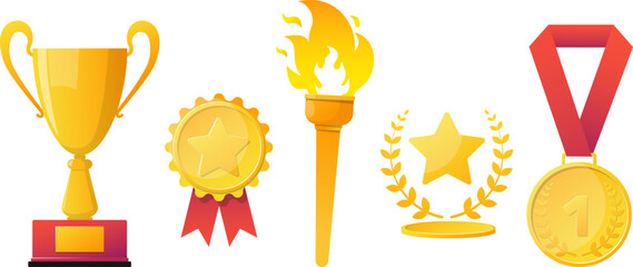winners set medal, award, trophy cup, torch