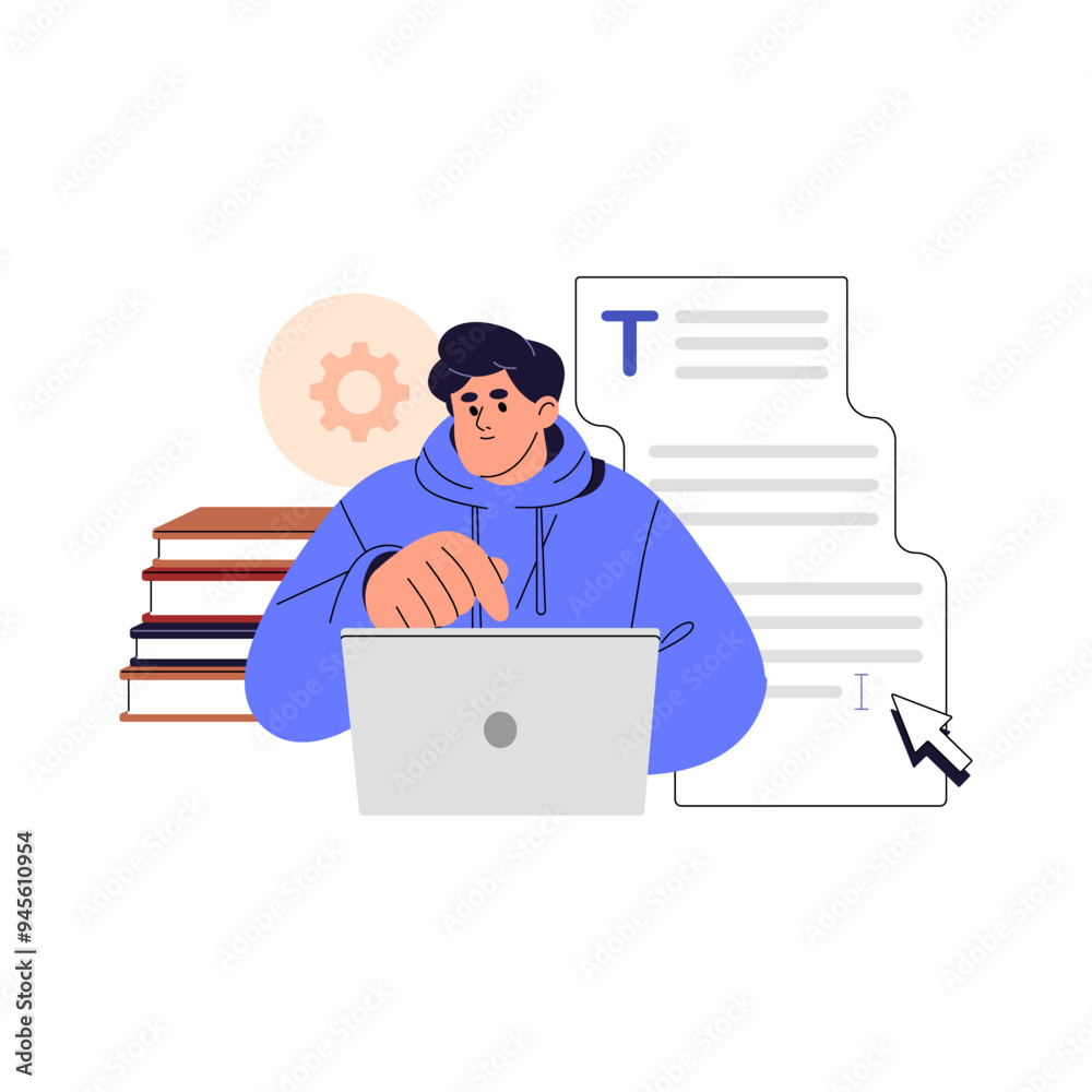 Poster employee works with text editor in computer. person writes report, essay with digital device. studen