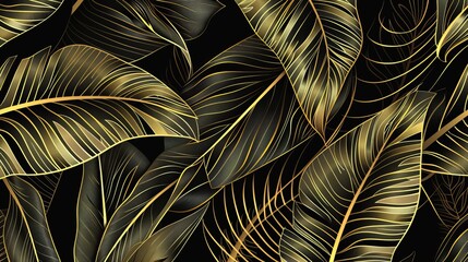 Embrace luxury with tropical leaf wallpaper, showcasing golden banana leaf line arts in a hand-drawn outline design perfect for fabric, prints, covers, banners, and invitations.