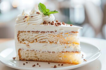 A slice of cake served on a white plate, perfect for a dessert or snack