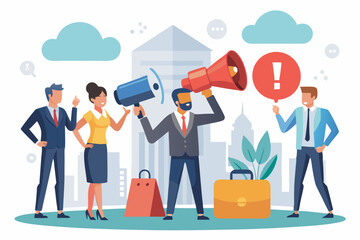 Important announcement, attention or warning information, breaking news or urgent message communication, alert and beware concept, business people announce on megaphone with attention exclamation sign