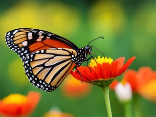 monarch butterfly feeding on orange zinnia flower with green background - colorful insect and floral beauty in nature