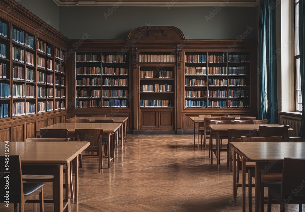 Poster Empty Library with Wooden Tables and Chairs