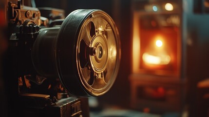 Fototapeta premium Close-up of an old-fashioned film projector running during a special screening