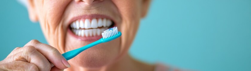senior woman brushing teeth close up with toothpaste on toothbrush and bright white smile on blue background.