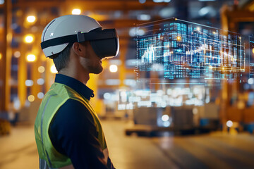 VR-powered Warehouse Visualization: A focused worker with a hardhat and safety vest uses virtual reality to analyze data and optimize operations in a futuristic warehouse setting.  