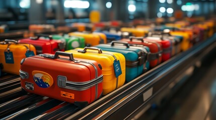 A busy airport conveyor belt with colorful luggage from different countries, each tag showcasing unique international destinations, dynamic travel vibe