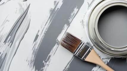 A paintbrush rests beside an open can of vibrant paint, ready to bring color to a blank canvas. The scene invites creativity and artistic expression in every stroke.
