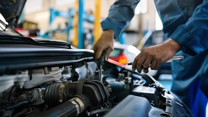 A mechanic diligently repairs a car's engine, showcasing technical expertise and attention to detail in the heart of an auto shop, surrounded by tools and equipment. - Powered by Adobe