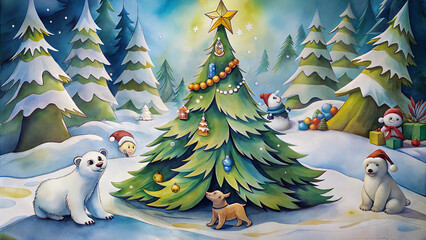 Fototapeta premium Christmas Tree in a Snowy Forest with Polar Bears and Presents