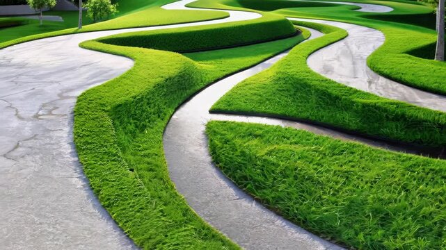 A patch of vibrant green grass thrives in the center of the road, creating a striking contrast against the surrounding asphalt and inviting curiosity from passersby.