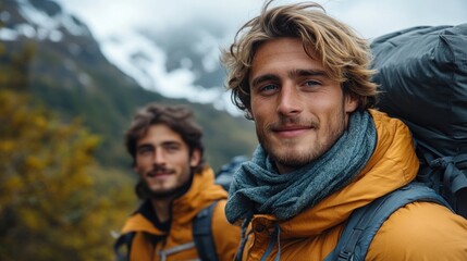 Fototapeta premium Two Adventurous Men Smiling in Nature