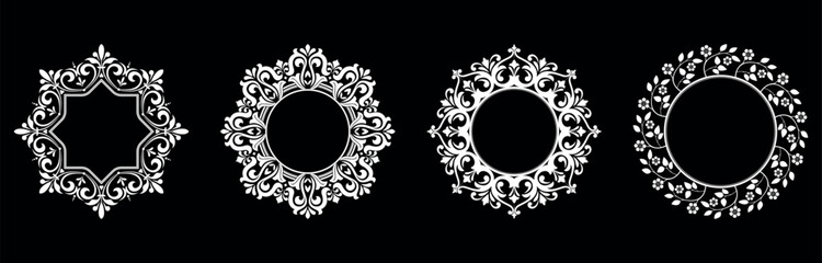 Set of decorative frames Elegant vector element for design in Eastern style, place for text. Floral black and white borders. Lace illustration for invitations and greeting cards.