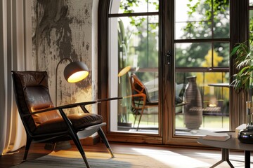 Computer generated image of arm chair in living room Computer generated image of an electric lamp on arm chair in living room. 3D rendering of a modern living room interiors.