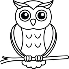 Cute owl sitting on a branch in a simple line art perfect for kids' colouring book

