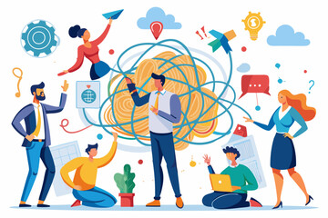 Business Professionals Analyzing Complex Challenges, Brainstorming Solutions Amidst Tangled Thoughts, Conceptualizing Difficulty and Problem-Solving Strategies.