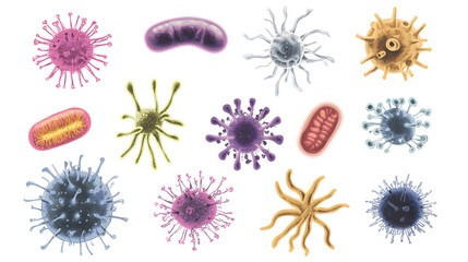 Set of microbes pathogen cell with different types of bacteria and virus isolated on transparent background