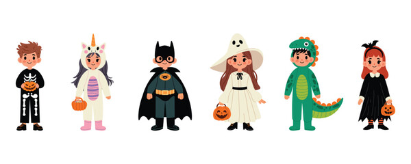 Fototapeta premium Collection of kids in Halloween costumes with pumpkins. Kids in unicorn, skeleton, witch, ghost, dinosaur costume. Cute set for Halloween party. Vector illustration in the flat hand drawn style.