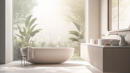 Fototapeta premium modern bathroom interior, A bathroom with a bathtub,countertops, soft towels, and plants,