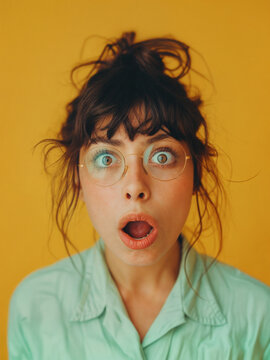 Picture showing the emotion of a woman who saw something unusual and very interesting. Surprise on the person's face.