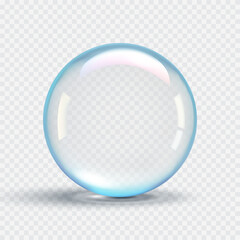 Realistic transparent soap bubble with subtle blue tint and soft shadow effect on transparent background. Water clear drops cosmetic skincare product. Vector 3d illustration