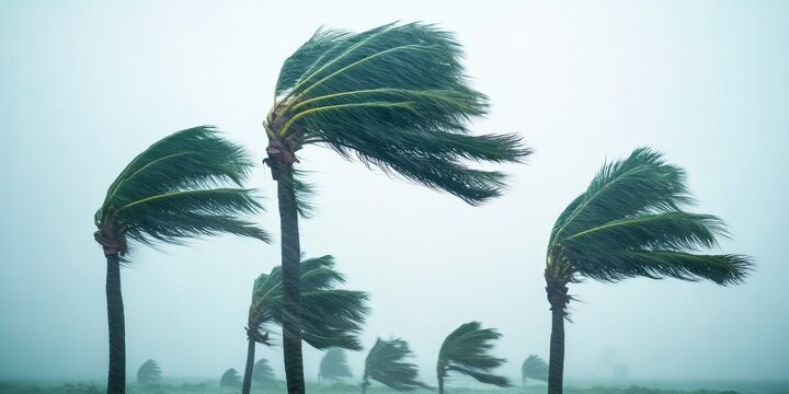 palm trees blowing in strong wind, hurricane weather, tropical storm, coastal wind, natural disaster