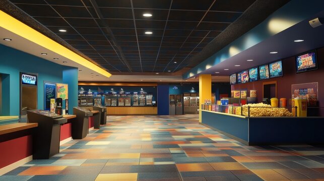 Movie theater lobby with concession stands selling popcorn, candy, and drinks