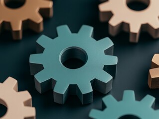 close-up of interlocking teal and brown cog wheels gears on blue background - teamwork, collaboration, mechanism, engineering concept.