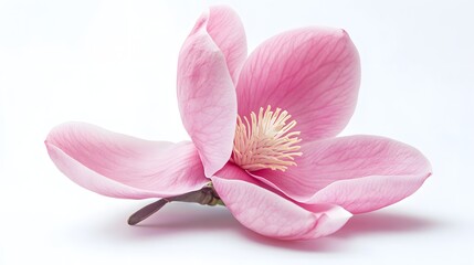 Fototapeta premium Magnolia floweron a pure white background. A delicate pink magnolia flower with soft, velvety petals and a prominent central stamen, 