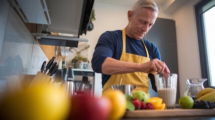 senior man preparing healthy smoothie in kitchen with fresh fruits and vegetables.