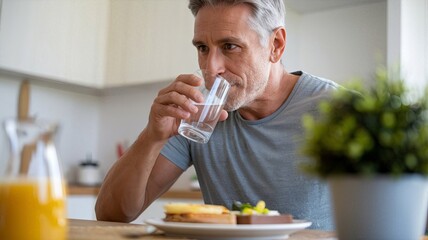 mature man drinking water at breakfast table in kitchen - healthy lifestyle and hydration concept.