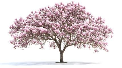 Obraz premium Magnolia tree on a white background. A stunning magnolia tree in full bloom with vibrant pink flowers against a w