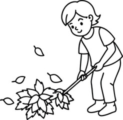 A child holding a rake surrounded by autumn leaves in a simple outline for coloring
