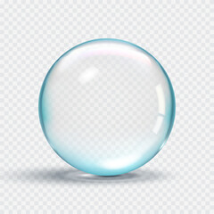 Glossy transparent water drop bubble soft blue highlights and realistic light reflections, displayed on a transparent background. Vector 3d illustration