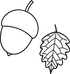 Naklejka premium Easy line art acorn next to a leaf ideal for young artists 