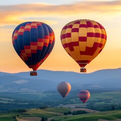 Obraz premium colorful hot air balloons soaring over rolling hills at sunset, stunning aerial view of a tranquil landscape, adventure travel and tourism concept