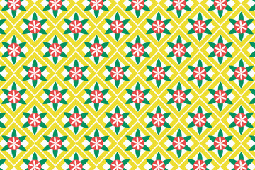 Seamless geometric pattern with red and green flowers on a yellow background