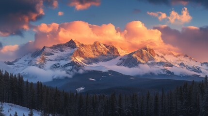 Majestic mountains bathed in sunset light, surrounded by clouds and pine forests.