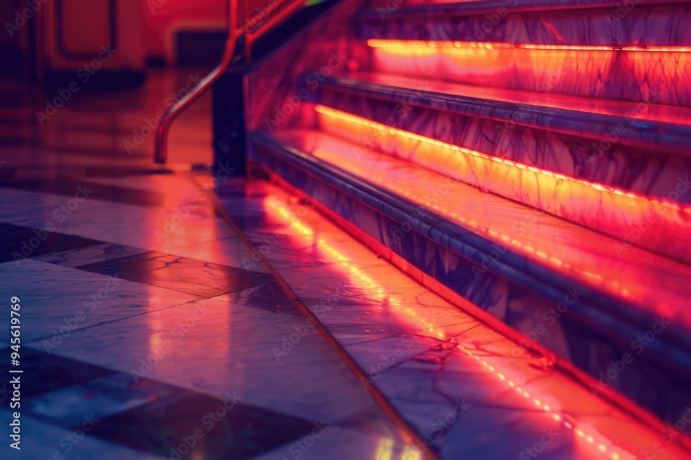 Poster a set of stairs illuminated by neon lights